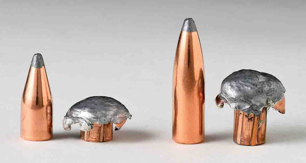 These .30-caliber bullets were fired from a .30-06 rifle. The bullet at left, shown unfired and expanded, is a Speer 110-grain spire point. The expanded bullet impacted wet newspaper at 2,175 fps. The bullet at right is a Speer 180-grain spitzer. The expanded bullet impacted at 2,038 fps. When comparing with the .22-250 expansion velocity, it becomes clear there is no set bullet speed that provides minimal expansion among all calibers and bullets.